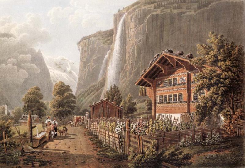 Gabriel Lory fils Fall taken Staubbach has l-entree of the town of Lauterbrunne Norge oil painting art